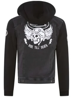 Blouson en jean en coton noir délavé avec un col à capuche et 4 poches