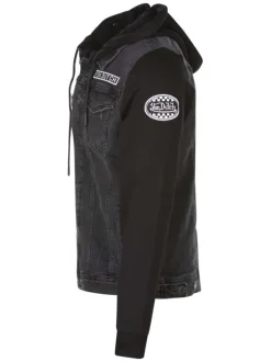 Blouson en jean en coton noir délavé avec un col à capuche et 4 poches