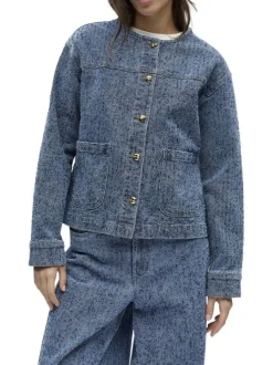 Blouson en jean indigo uni pourvu d'une coupe droite et d'un col rond