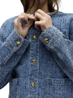 Blouson en jean indigo uni pourvu d'une coupe droite et d'un col rond
