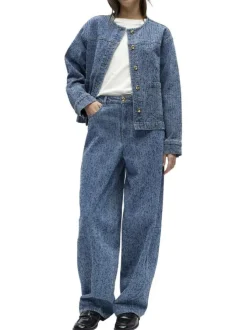 Blouson en jean indigo uni pourvu d'une coupe droite et d'un col rond