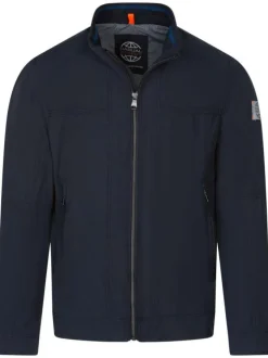 Blouson en jean marine uni zippé coupe droite col montant à manches longues