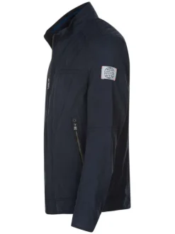 Blouson en jean marine uni zippé coupe droite col montant à manches longues