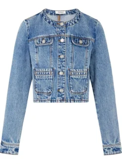 Blouson en Jean stone uni à coupe droite, col rond et boutons argentés