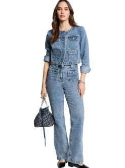 Blouson en Jean stone uni à coupe droite, col rond et boutons argentés