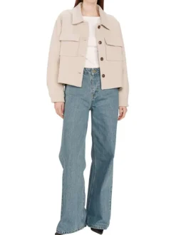 Blouson en laine mélangée beige uni avec une coupe droite et un col chemise
