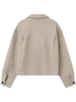 Blouson en laine mélangée beige uni avec une coupe droite et un col chemise