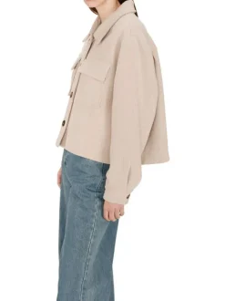 Blouson en laine mélangée beige uni avec une coupe droite et un col chemise
