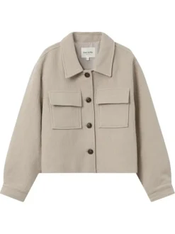Blouson en laine mélangée beige uni avec une coupe droite et un col chemise
