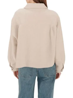 Blouson en laine mélangée beige uni avec une coupe droite et un col chemise