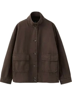 Blouson en lin marron uni pourvu d'une coupe oversize et d'un col montant
