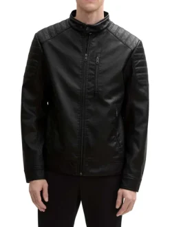 Blouson en simili cuir noir à col légèrement montant avec une texture craquelée