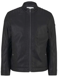 Blouson en simili cuir noir uni à col motard zippé et épaules renforcées