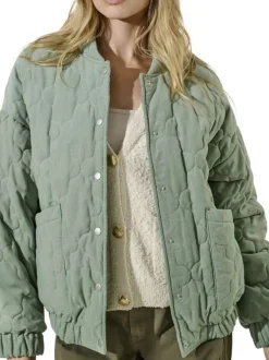Blouson fin en coton vert d'eau avec des motifs matelassés et un col bomber