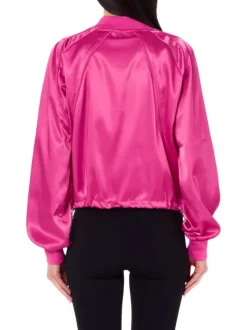 Blouson fuchsia uni coupe bombers avec un col montant et un patch métallique
