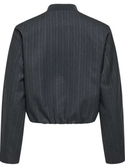 Blouson gris rayé avec une coupe droite et un col rond à zip de fermeture