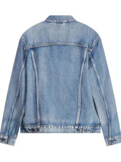 Blouson jean bleu en coton uni coupe régular col français à manches longues