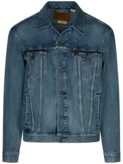 Blouson jean bleu en coton uni coupe régular col français à manches longues