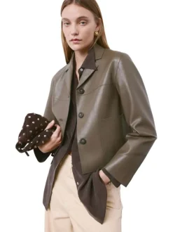 Blouson kaki uni en simili-cuir avec une coupe droite et un col à revers