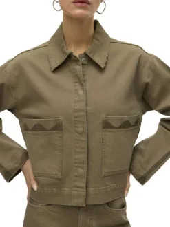 Blouson kaki uni pourvu d'un col à rabats et de manches longues