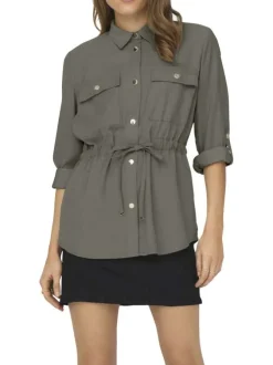 Blouson kaki uni pourvu d'une coupe cintrée et d'un col chemise