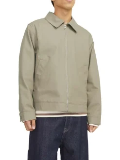Blouson manches longues beige uni en coton avec col italien et coupe droite