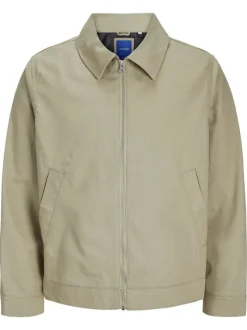 Blouson manches longues beige uni en coton avec col italien et coupe droite