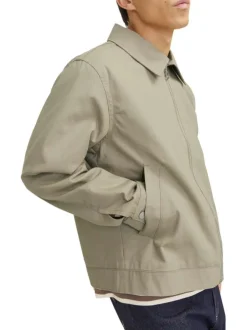 Blouson manches longues beige uni en coton avec col italien et coupe droite