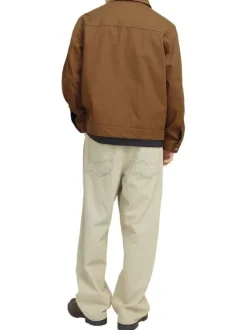 Blouson manches longues en coton brun uni à coupe droite avec un col italien