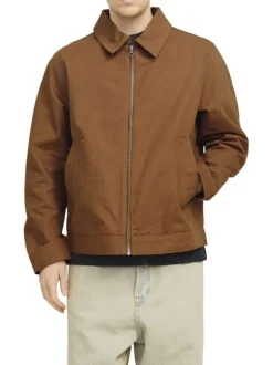 Blouson manches longues en coton brun uni à coupe droite avec un col italien