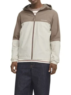 Blouson manches longues marron et beige à coupe droite avec col à capuche