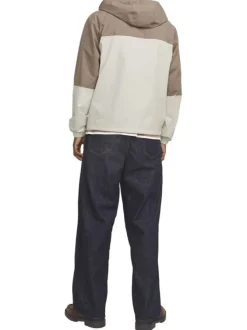 Blouson manches longues marron et beige à coupe droite avec col à capuche