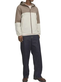 Blouson manches longues marron et beige à coupe droite avec col à capuche
