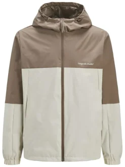Blouson manches longues marron et beige à coupe droite avec col à capuche