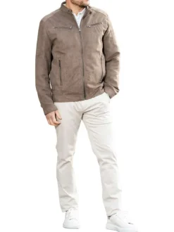Blouson manches longues taupe uni avec une coupe droite et un col motard