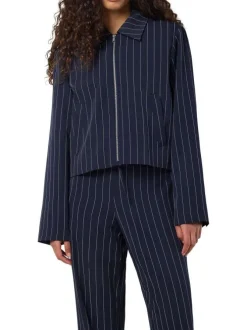 Blouson marine à rayures avec une coupe droite et un col chemise