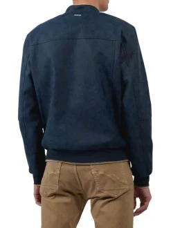 Blouson marine suédine à coupe droite col teddy et à manches longues