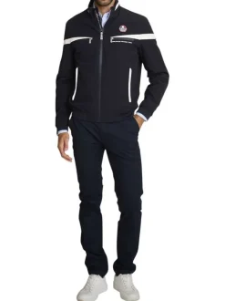 Blouson marine uni avec une coupe ajustée et une fermeture zippée