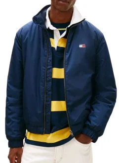 Blouson marine uni avec une coupe droite et un col montant
