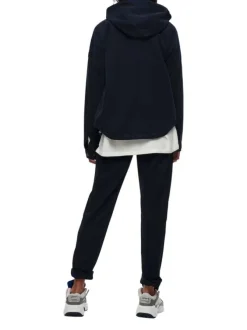 Blouson marine uni coupe droite avec un col à capuche et des poches latérales
