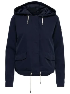 Blouson marine uni coupe droite avec un col à capuche et des poches latérales
