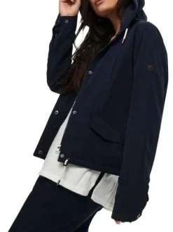 Blouson marine uni coupe droite avec un col à capuche et des poches latérales