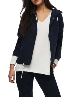 Blouson marine uni coupe droite avec un col à capuche et des poches latérales