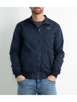 Blouson marine uni coupe droite avec un col montant et un patch à la poitrine