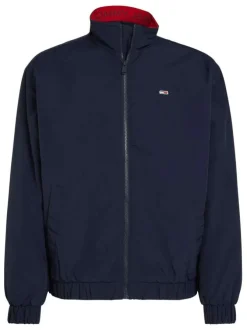 Blouson marine uni à coupe droite, col montant zippé et logo brodé