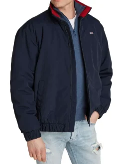 Blouson marine uni à coupe droite, col montant zippé et logo brodé