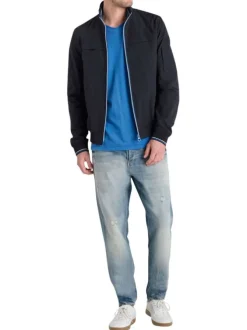 Blouson marine uni fermé par un zip à l'avant avec un col montant