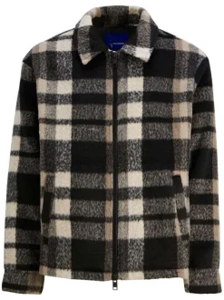 Blouson marron à carreaux avec une coupe droite et un col italien