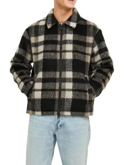 Blouson marron à carreaux avec une coupe droite et un col italien