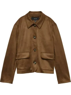 Blouson marron à coupe droite effet daim pourvu d'un col à revers